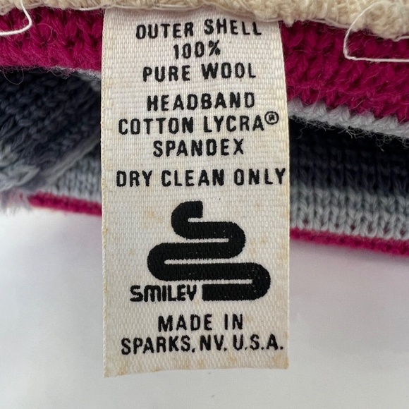 Smiley Hat Pom Pom Ski Beanie Gray Pink Purple 100% Wool Made in USA Toque - Picture 7 of 7